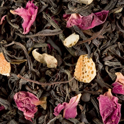 Un délicieux mélange de thés noirs parfumé à l'arôme framboise et aux huiles essentielles de rose et d'orange sanguine. Une alliance savoureuse aussi délicatement fruitée que fleurie.